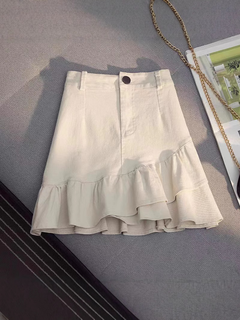2025 Spring and Summer New Skirt Apricot Denim Asymmetrical Ruffled A-Line Skirt High Waist Short Skirt for Women to Prevent Exposure