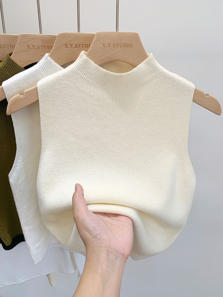 2025 New Style Knitted Sweater Bottoming Shirt for Women Half Turtleneck Camisole Short Top t Outer Sleeveless