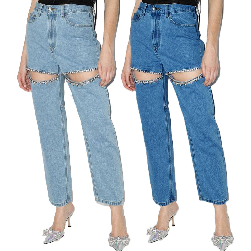 2025 Spring New Amazon Aliexpress Street Trend European and American Foreign Trade Straight-Leg Pants Stretch Ripped Jeans for Women