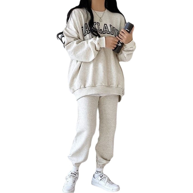 Wholesale round neck suit women's casual sportswear high-grade fleece-lined long-sleeved sweater ankle-tied sweatpants fashion two-piece suit