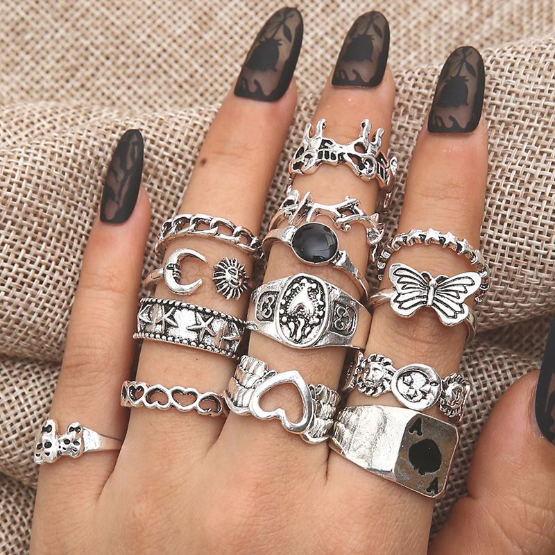 Cross-border Hot Selling Ring Vintage Hollow Carved Star Ring Dropping Oil Poker Butterfly 14 Piece Set Joint Ring
