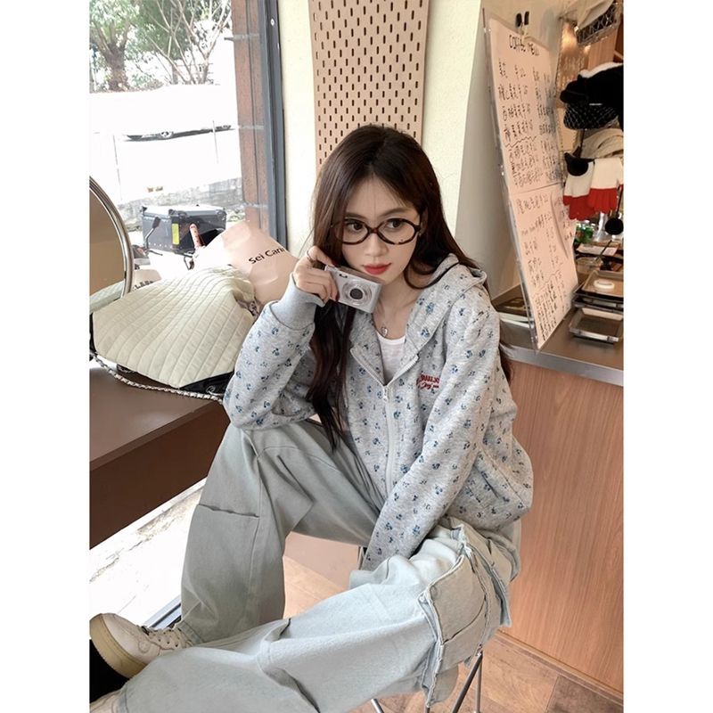 Early Autumn American Style Retro Floral Hooded Sweater Coat Women's Spring and Autumn 2024 New Cardigan Casual Design All-match