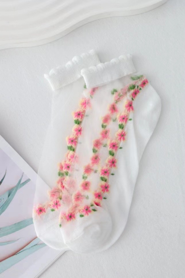 Picture of Floral Glass Silk Women's Summer Short Socks Japanese Style Cute Fresh Style ins Short Socks Cotton Bottom Sweat Absorbing Breathable Socks