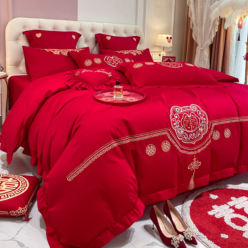 Picture of High-end Chinese Dragon and Phoenix Embroidery Fashion Wedding Four-piece Wedding Big Red Bed Sheet Quilt Cover Accompanying Bedding