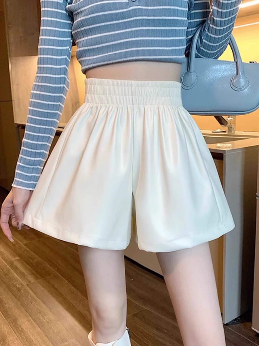 pu leather shorts women's 2023 autumn and winter new high waist slimming wide leg pants short fashionable loose a-line boots pants