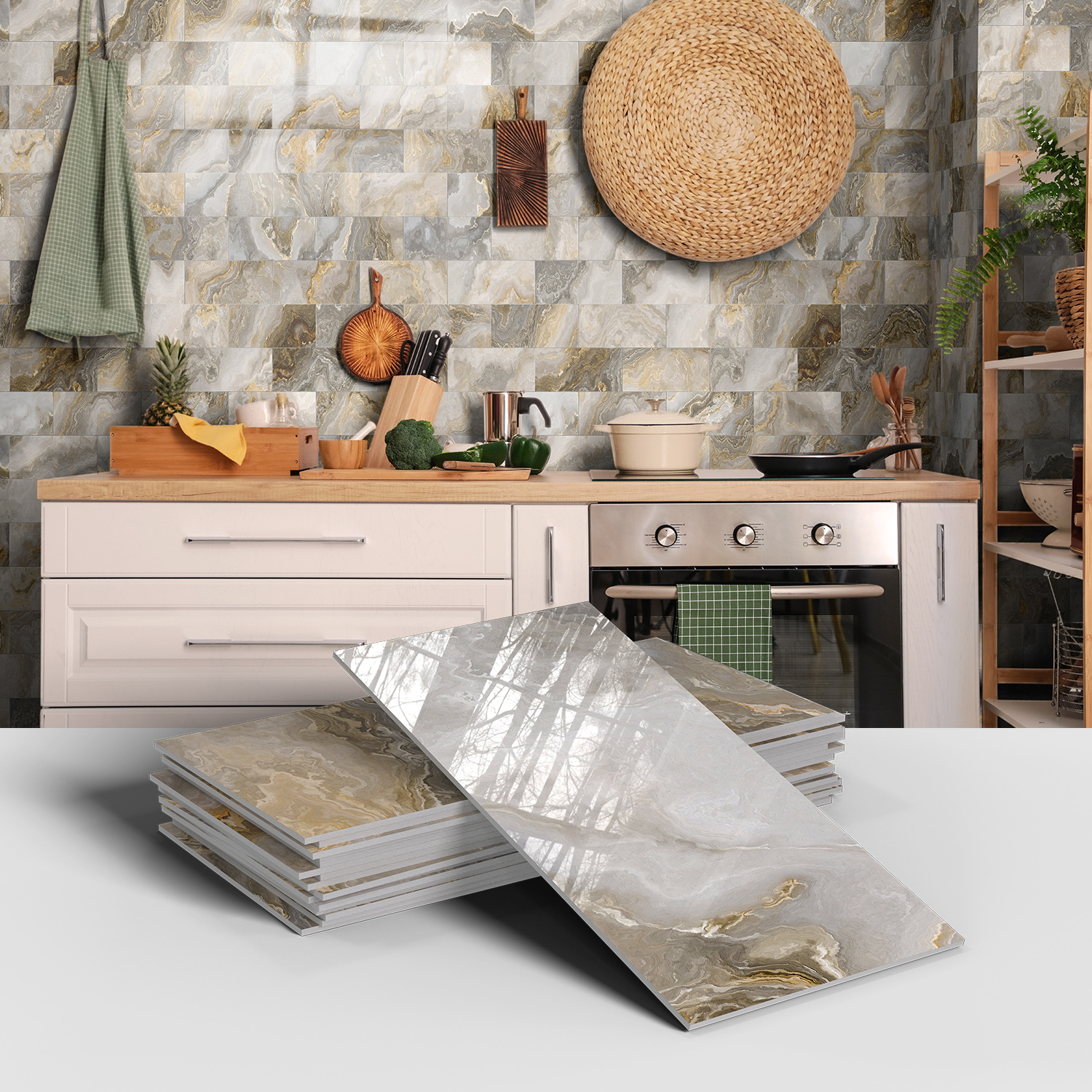 Picture of Crystal Marble Tile Wall Stickers Thickened PET Waterproof Self-adhesive Wallpaper for Kitchen Living Room Wall Decoration Cross Border