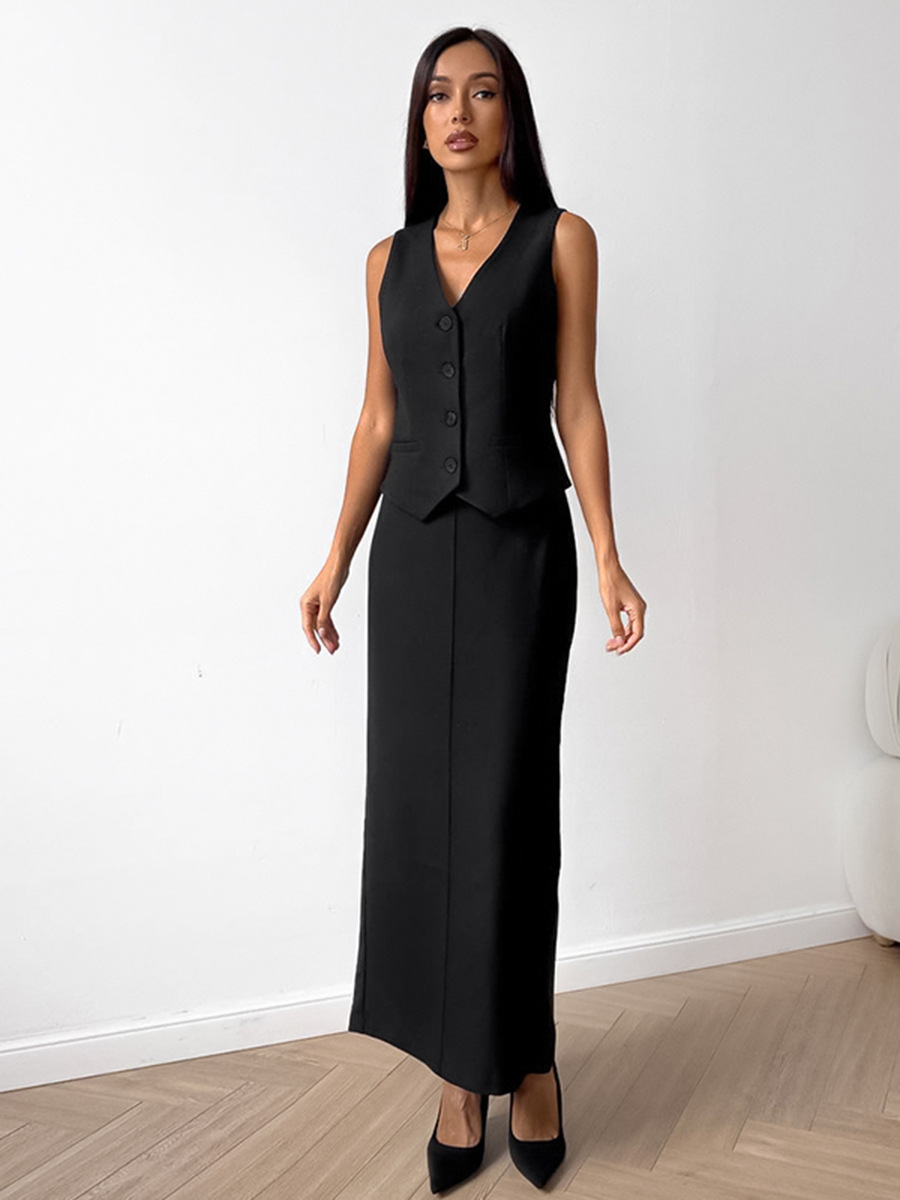 European and American foreign trade fashion black vest long skirt two-piece women's high-end sense 2025 spring hip skirt suit women's clothing