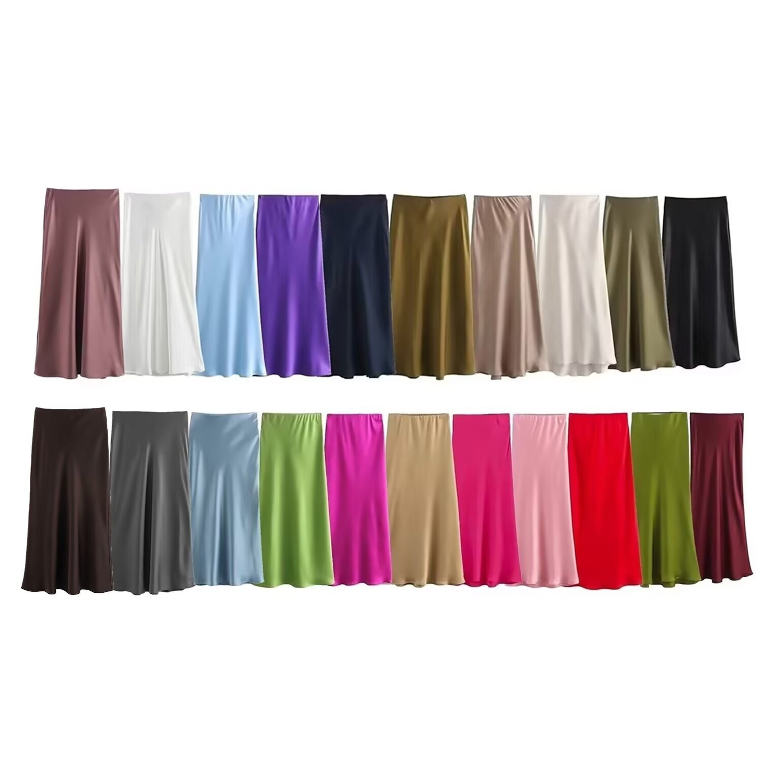 Foreign Trade 2025 Spring New European and American Simple All-match Solid Color Silk Satin Midi Flute Skirt Women's F69789