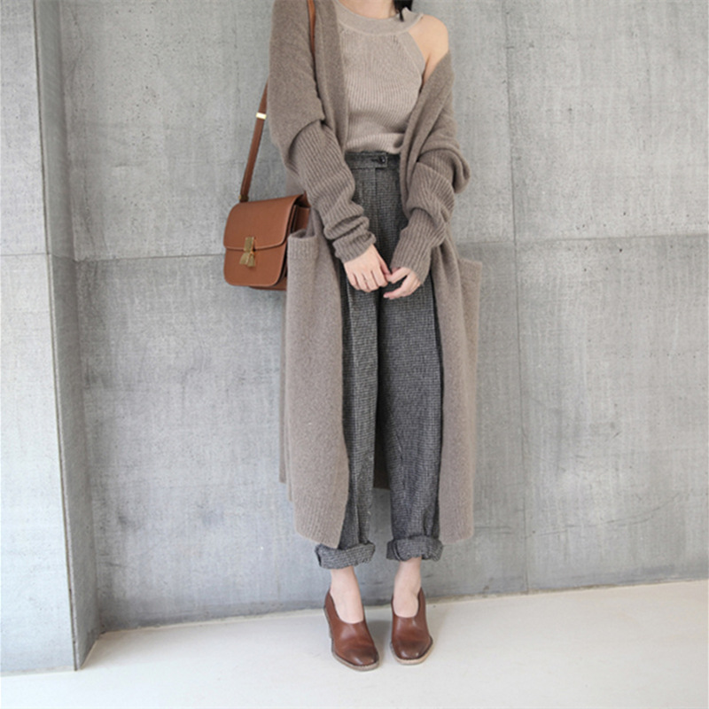 Autumn and Winter 2025 New Korean Style Loose Knitted Cardigan Pure Color Long-Sleeved Mid-Length Thickeneded Sweater Jacket for Women