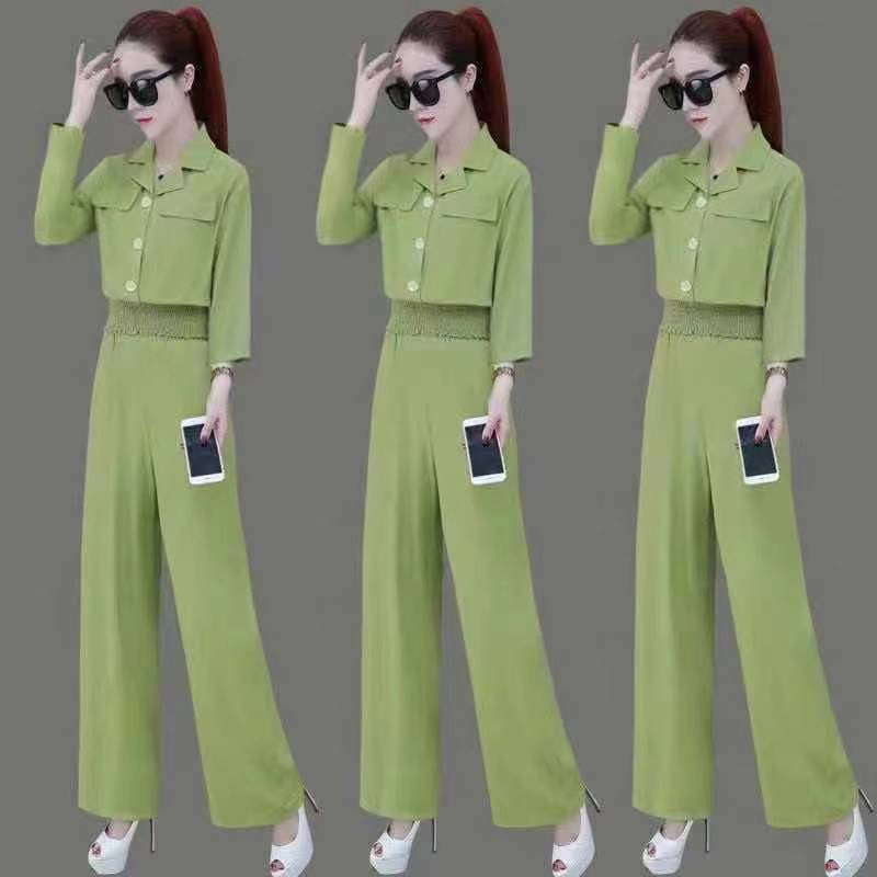 New Summer Sports suit Women's Casual Slimming Fashionable Slim-fit Short Top with Straight Wide-leg Pants Two-piece Set