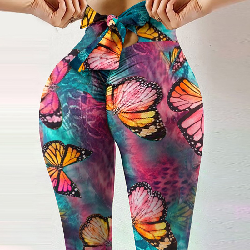 New Fitness High Elastic Sweat-absorbent Digital Printed Bow Rope Pants Tight Pants High Waist Slim Yoga Pants for Women