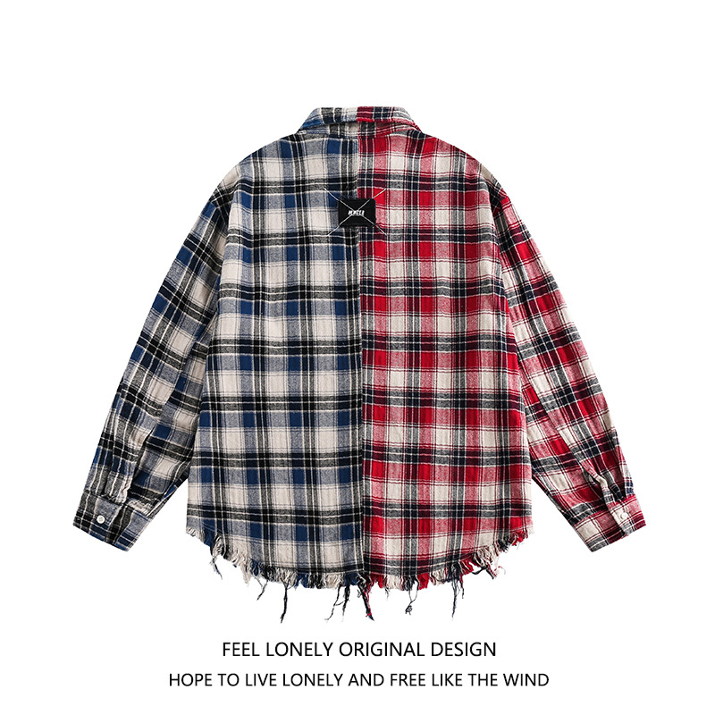 Picture of Cross-Border American Style Contrasting Plaid Splicing Tassel Long-Sleeved Shirt Loose Trendy Brand Design Top Casual and Versatile