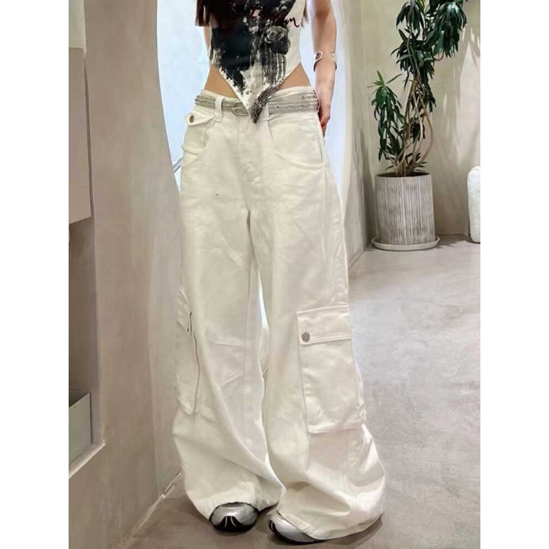 American Heavy Industry Design White Tooling Jeans Women's Autumn New High Waist Straight Slimming Loose Wide Leg Pants