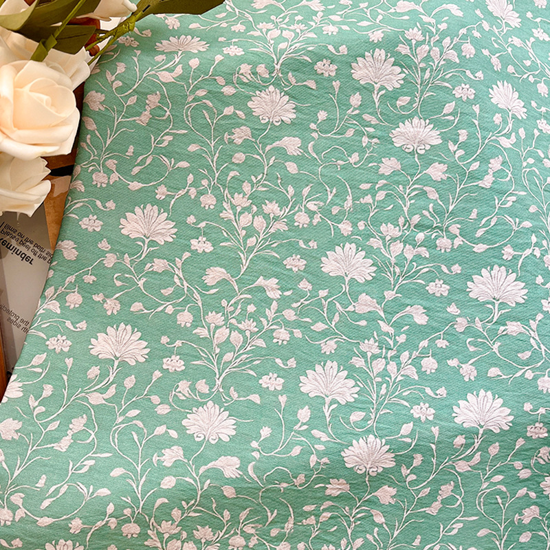 New Chinese Style Digital Printed Fabric Brocade Cotton Fabric Green Background Small White Flower Cheongsam Dress Top Hanfu Fabric