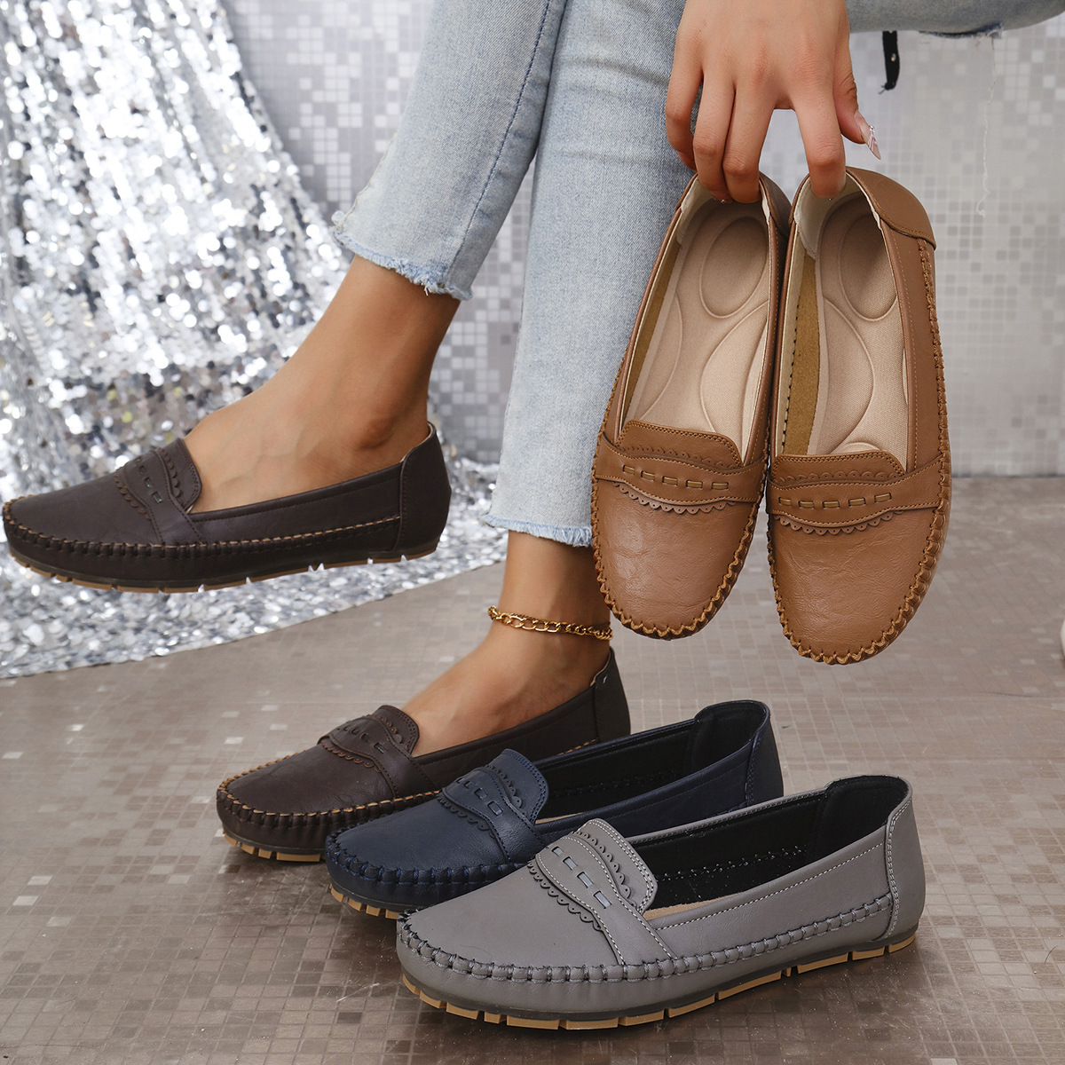 Plus-Size Popular Foreign Trade Stitched Laser-Cut Women's Flat Loafers, Foreign Trade Cross-Border E-Commerce Supply, Fashionable and Versatile