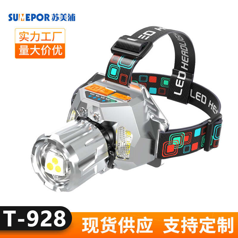 New LED light red, yellow, blue and white four light source outdoor night fishing long-range flashlight super bright head-mounted mine