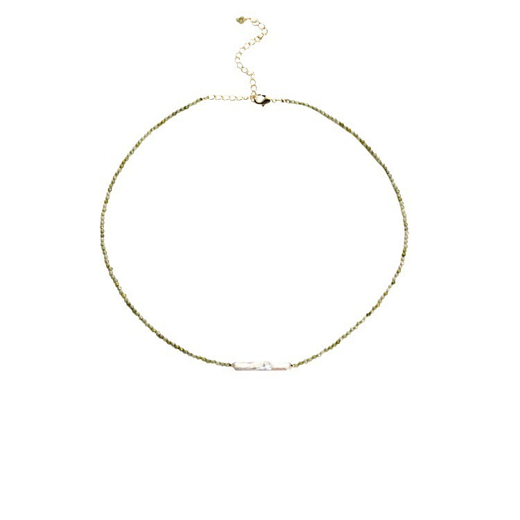 Picture of Baroque Long Strip Natural Freshwater Pearl Olive Green Facet Natural Zircon Women's Summer Fresh Beaded Necklace
