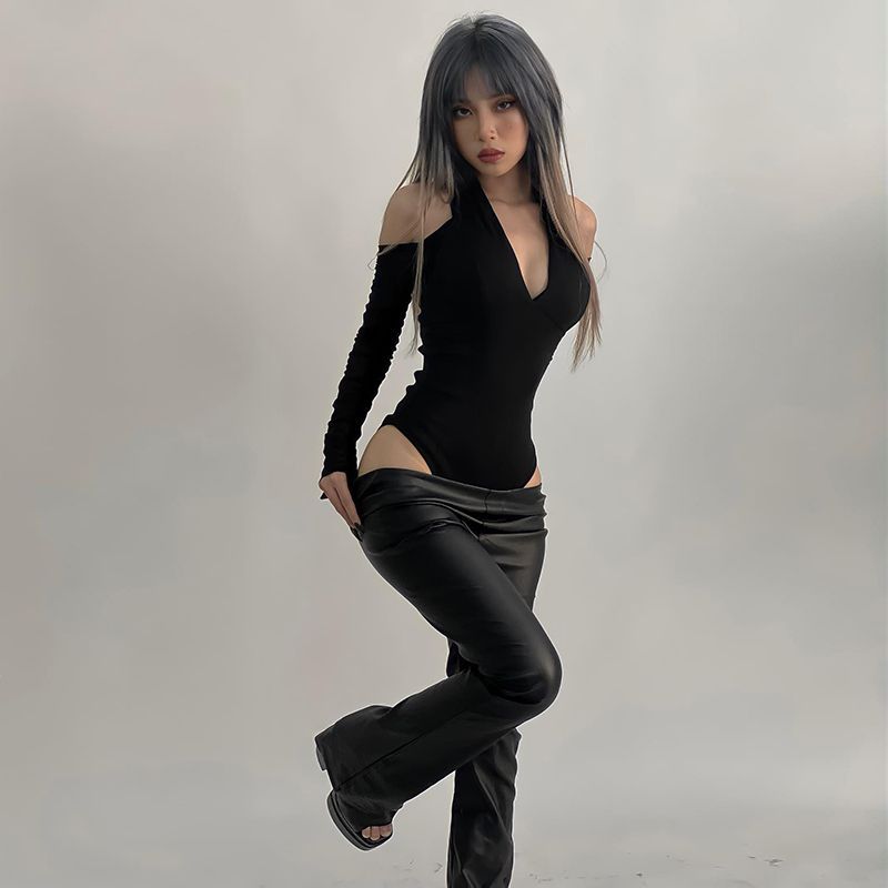 Picture of Nightclub Cross-border Off-shoulder Sexy Slim-fit Jumpsuit Women's Hot Girls Slim-fit Low-cut V-neck Base Shirt Long-sleeve T-shirt Women's Trendy