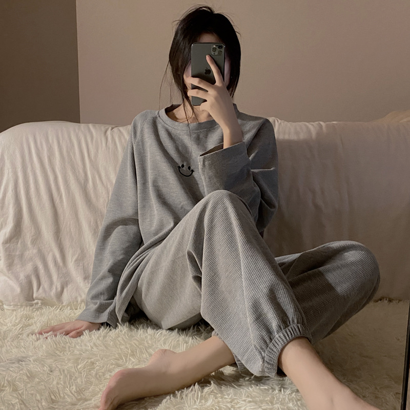 2023 new smiley face Spring and Autumn Winter waffle pajamas women's suit sports summer long sleeve homewear