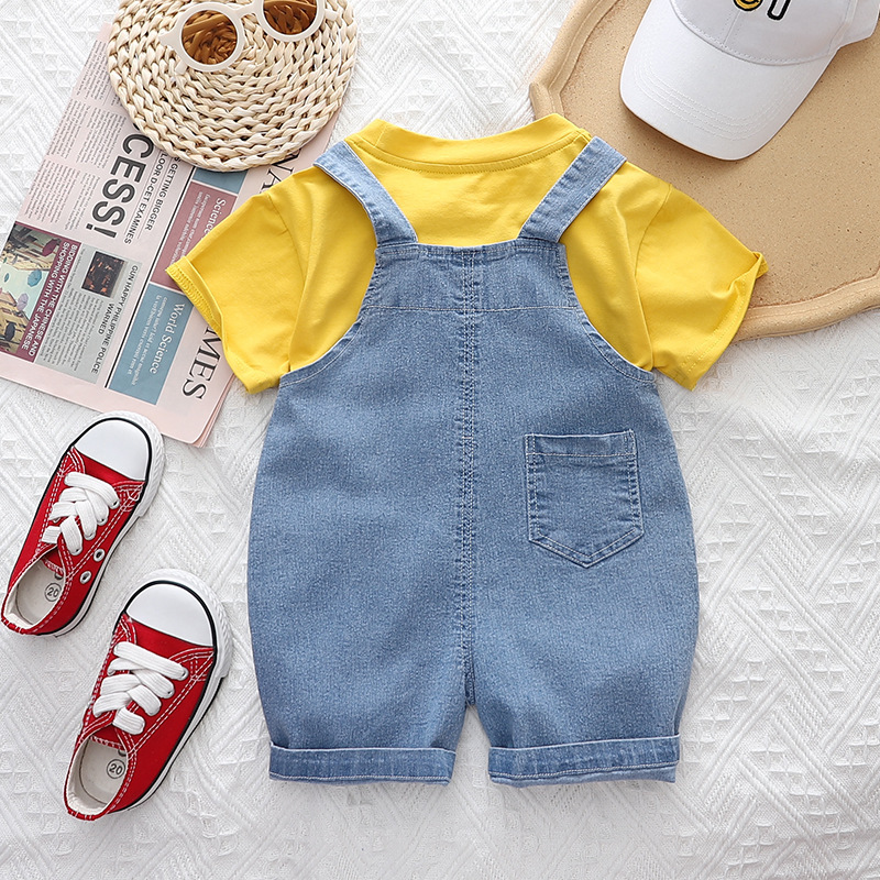 Picture of Children's Korean-style summer suit Boy's cartoon lion short-sleeved girl's baby Denim suspender pants one-piece delivery