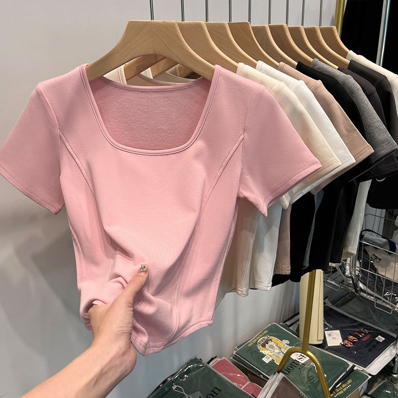 Picture of Square Collar Shoulder White Short-sleeved T-shirt Women's Summer Curved Hem Large Neck Slim-fit Slimming Short Fishbone Top