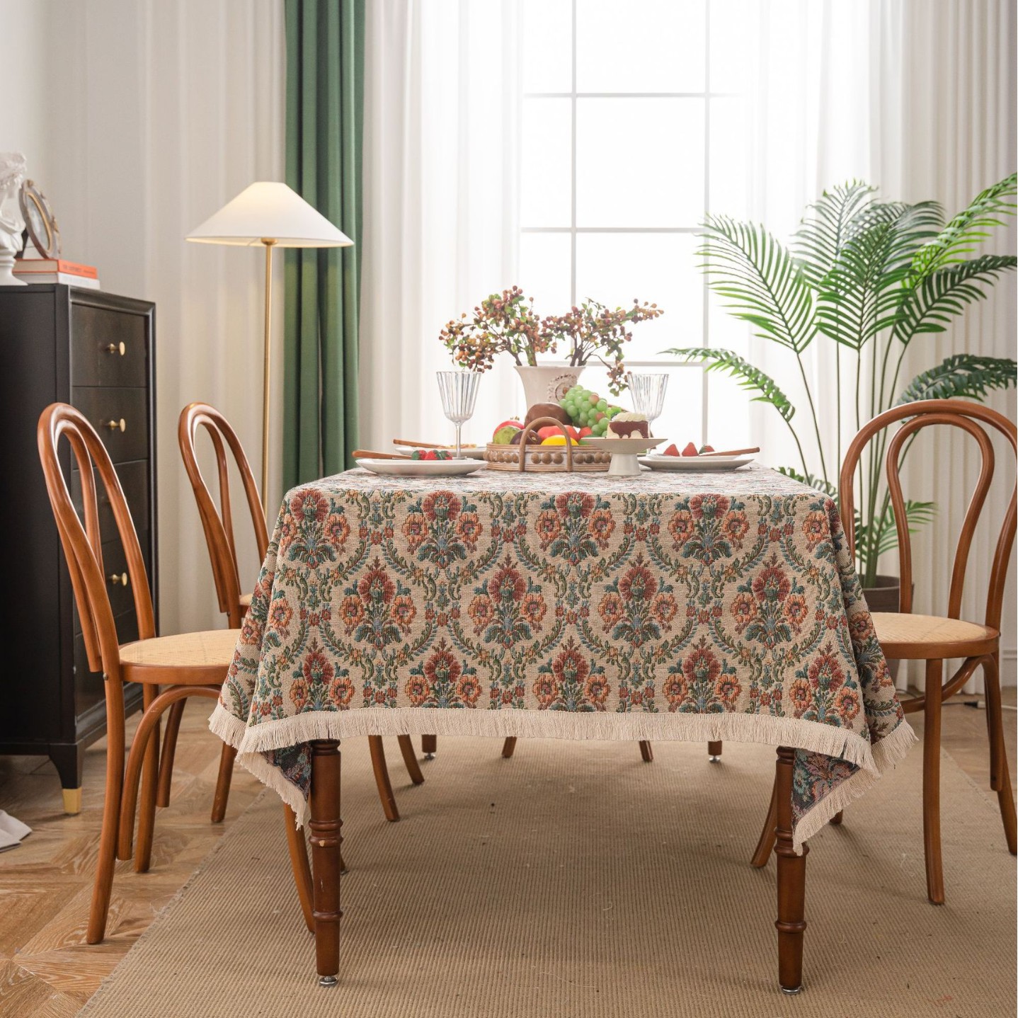 Imanki Rhyme American Style Vintage Jacquard Tablecloth Tassel Cover Cloth Tea Table Cloth Atmospheric Tablecloth Rectangular Flower