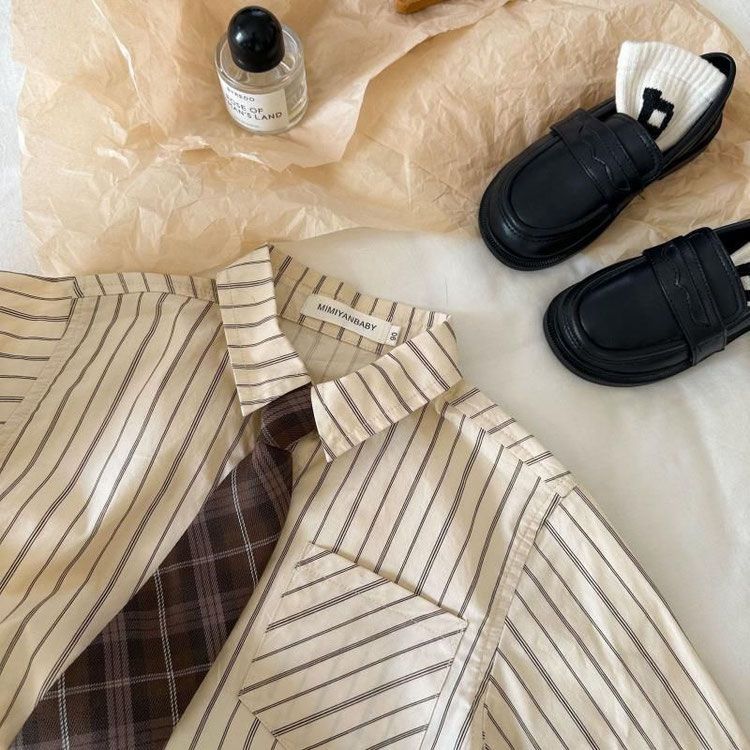 Picture of Children's Long Sleeve Shirt Academy Style 2024 Spring Korean Style Fashion Striped Western Style Casual Tie Shirt for Boys and Girls