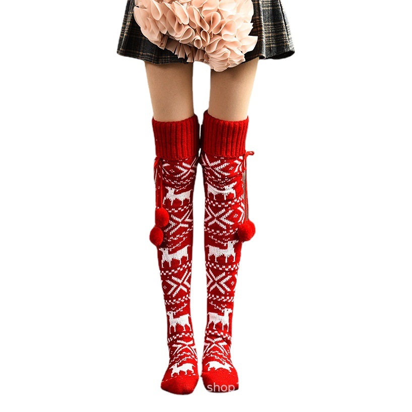 Autumn and Winter Hot Selling Christmas Elk Stockings Knitted Cartoon Pile Socks over the Knee Winter Thickeneded Fur Ball Knitted Socks
