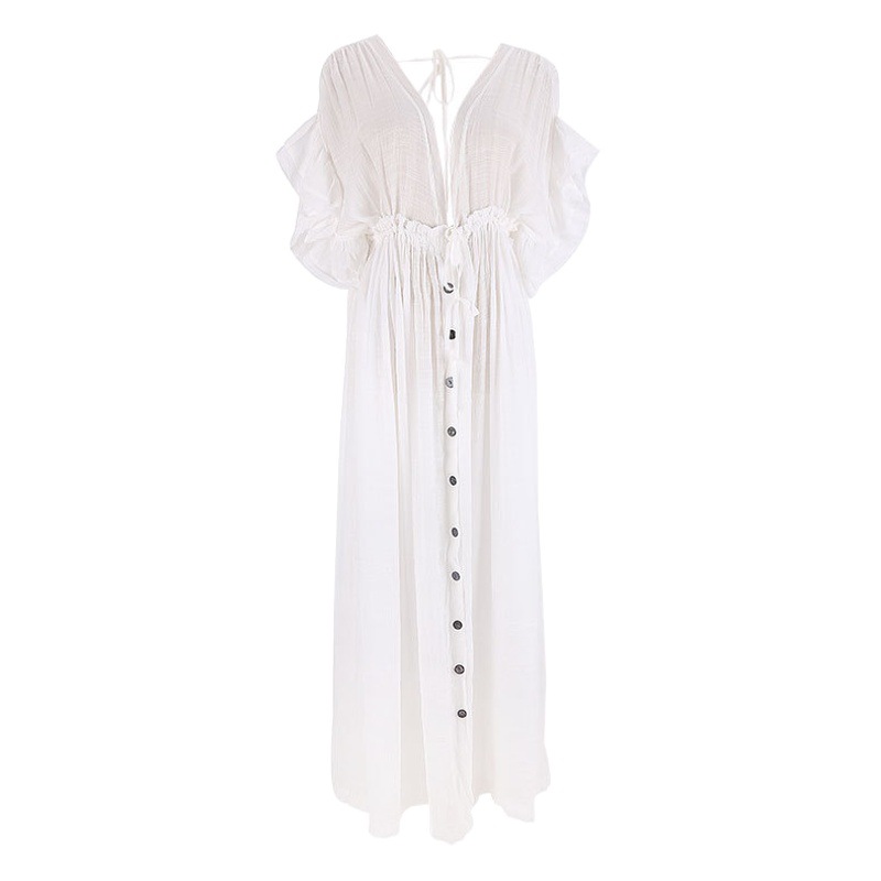 New Bamboo Cloth Button Waist Rope Long Skirt Cardigan Vacation Beach Jacket Sun Protection Clothing Long Skirt Bikini Cover-Up for Women