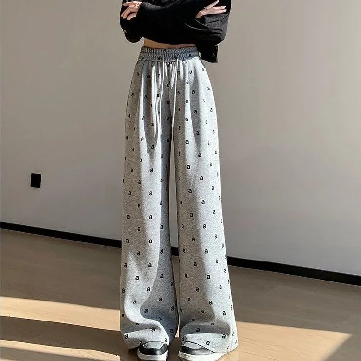 Artistic Vintage Printed Wide-leg Pants Women's 2024 Summer Thin Loose All-match Casual Pants Fashionable Staggered Waist Pants