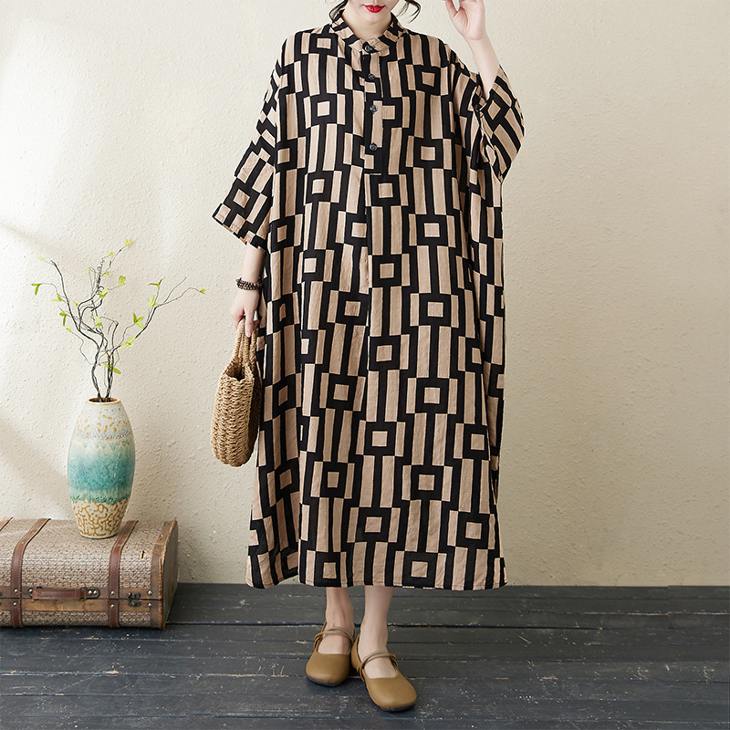 2025 Early Spring New Elegant Literary Retro Cotton and Linen Printed Stand Collar Loose Oversized Holiday Dress