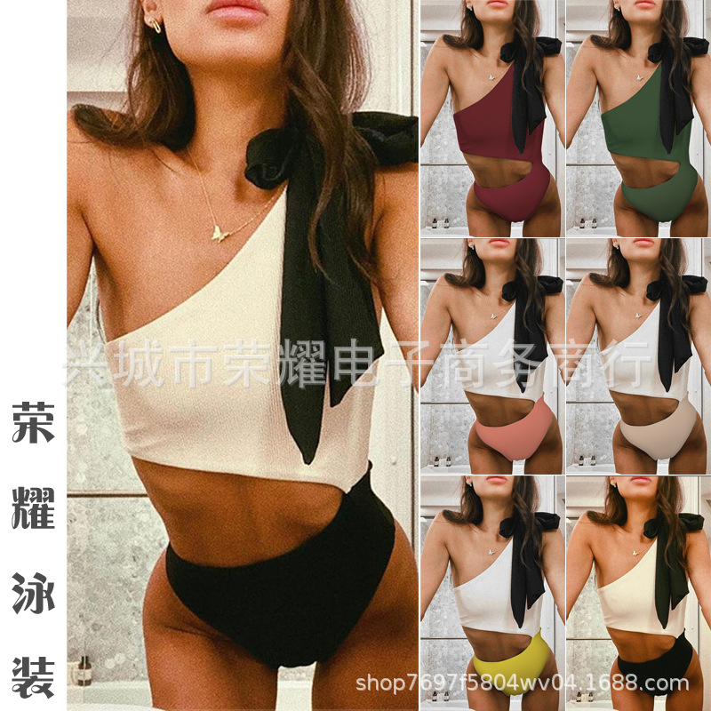 European and American New Foreign Trade Sexy One-piece Swimsuit Color Contrast Shoulder Bow Bikini Amazon Hot Swimsuit 24