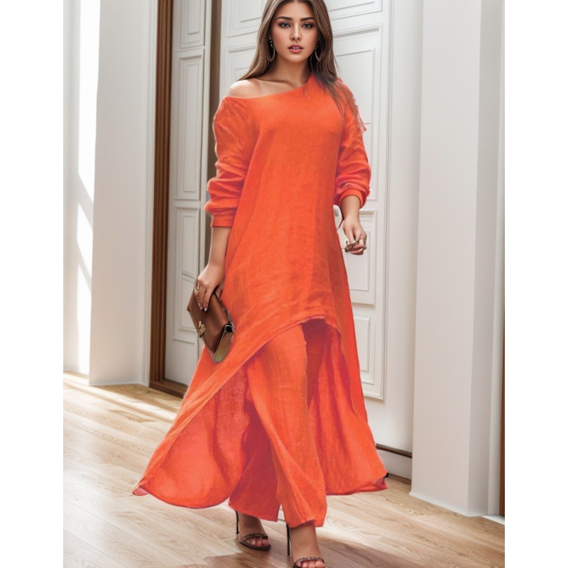 Picture of 2023 European and American New Women's Cotton and Linen Fashion Casual plus size Irregular Long-sleeved suit Wide-leg Pants Two-piece Set