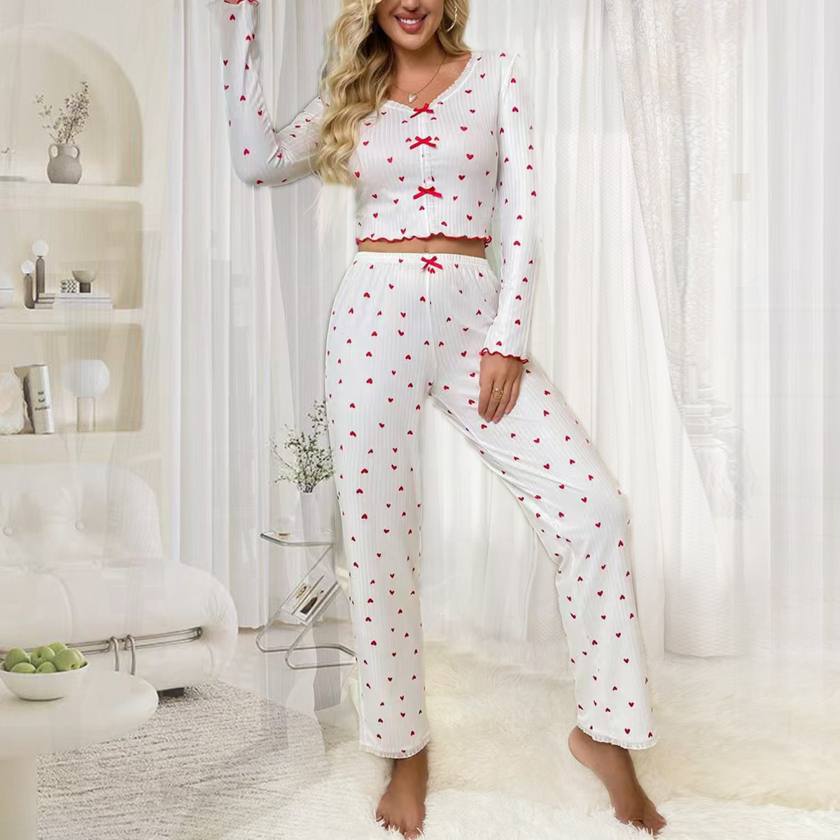Cross-border Hot-selling Home Clothes Curl Love Long Sleeve Printed Pajamas Women Can Wear Outer Trousers Two-piece Foreign Trade Women's Clothing