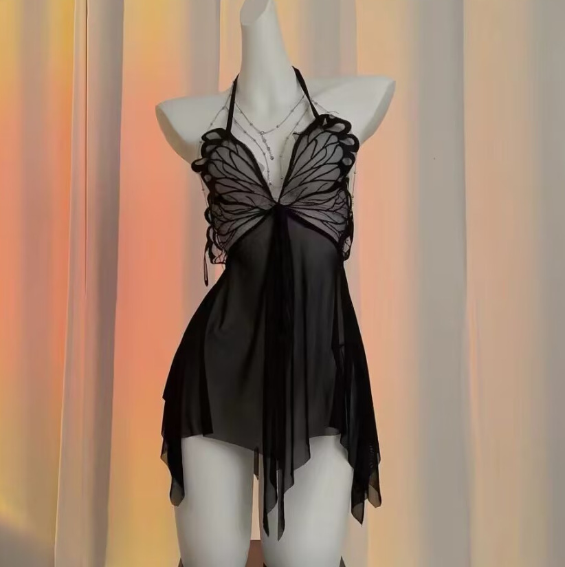 plus size Perspective Sexy Underwear Mesh Sexy Pajamas Butterfly Backless Lace-up Nightdress Slit Temptation Passion suit