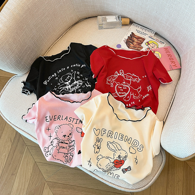 Girls' Short-sleeved T-shirt Summer New Children's All-match Wood-ear Top for Baby Women's Printed Casual Cute T-shirt Trendy