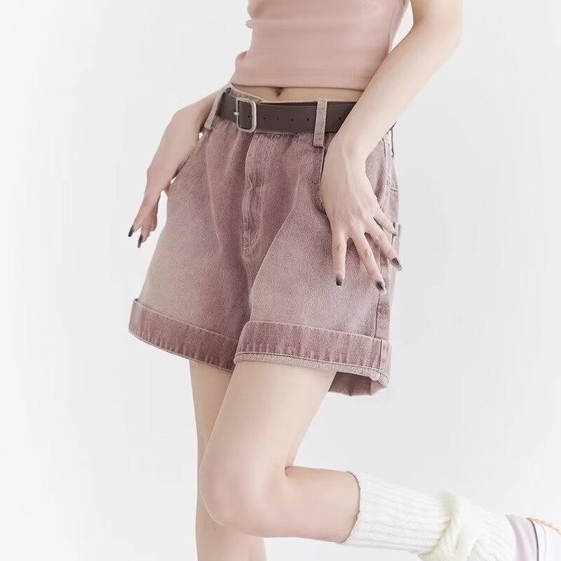 Dirty Pink High Waist Wide Leg Denim A- Shirt Shorts Women's Spring and Summer American Style Retro Loose Slimming Design Sense Pants
