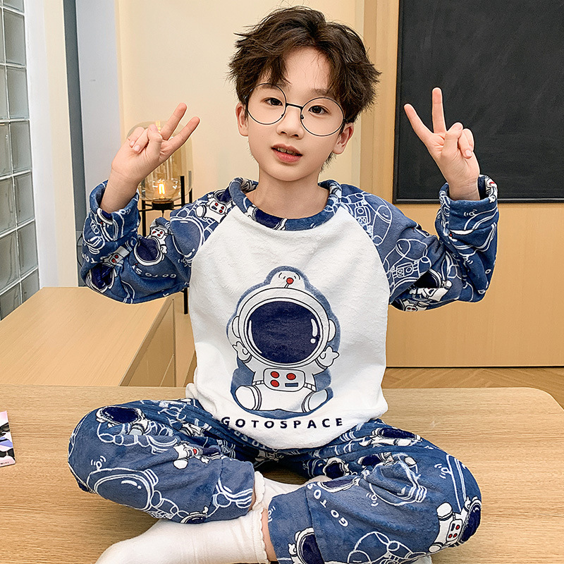 Children's Pajamas Autumn and Winter Coral Fleece Thickened Warm Boys' Cartoon Crewneck Flannel Home Clothes