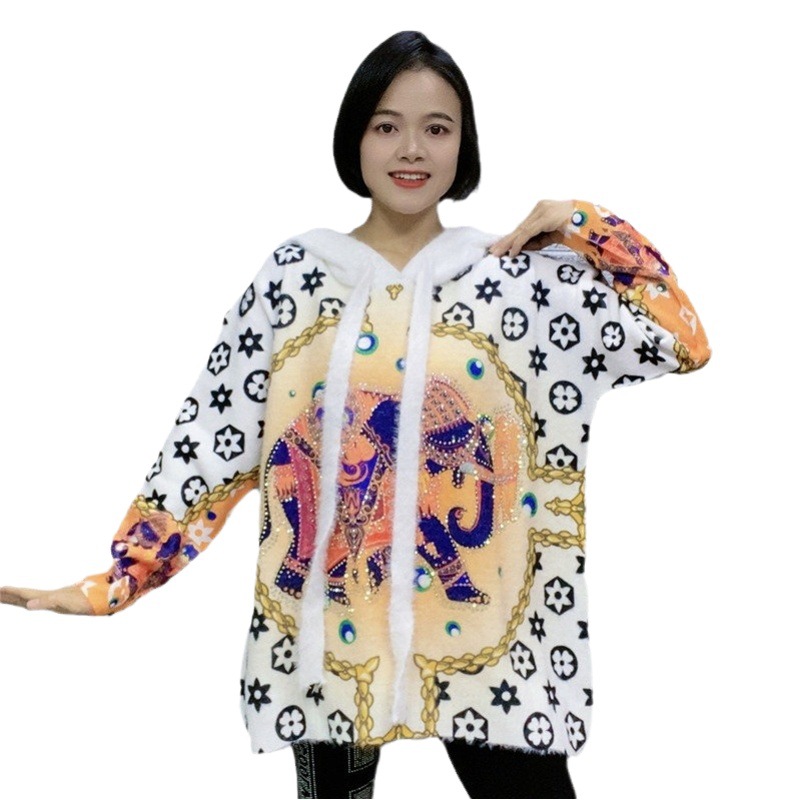 Cartoon Hot Rhinestone Printed Hooded Long-sleeved Mink Fleece Sweater Women's Autumn and Winter Loose plus size Pullover Sweater for Outer Wear