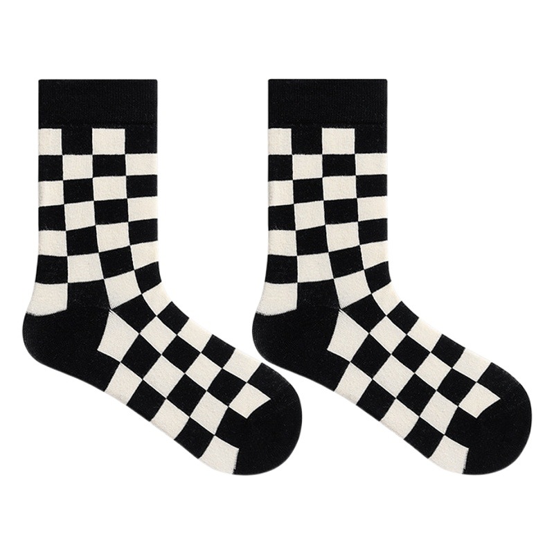 American Street Black and White Checkerboard Mid-length Socks for Women Trendy ins Internet Popular Creative Skateboard Plaid Green Stockings for Men