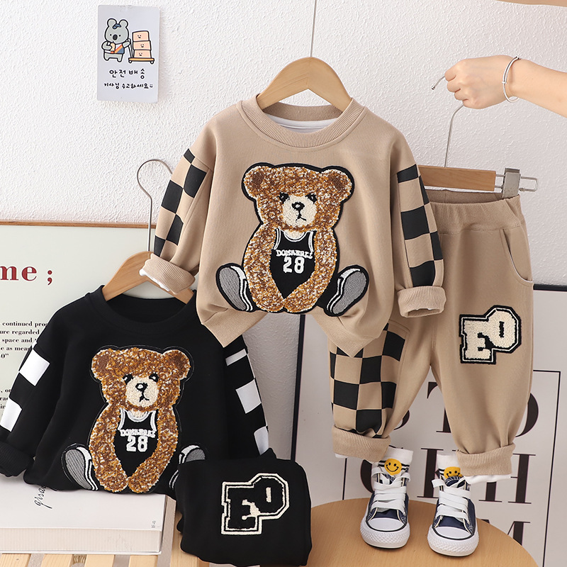 2024 New Boys Casual Western Style Suit Korean Style Children's Fashionable Cartoon Sweater Letter Plaid Pants Two-Piece Set
