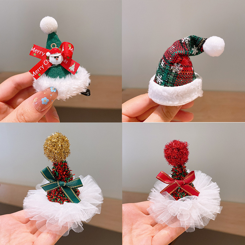 Christmas Hair Accessories Children's Cute Hat Hairpin Internet Celebrant Three-dimensional Mesh Bow Duckbill Clip Antler Top Clip