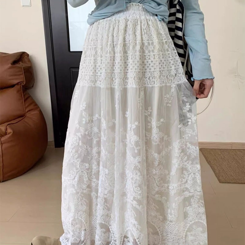 New Chinese Style National Style Lace Skirt 2025 Spring New Women's High Waist Elegant Solid Color Skirt Long Skirt