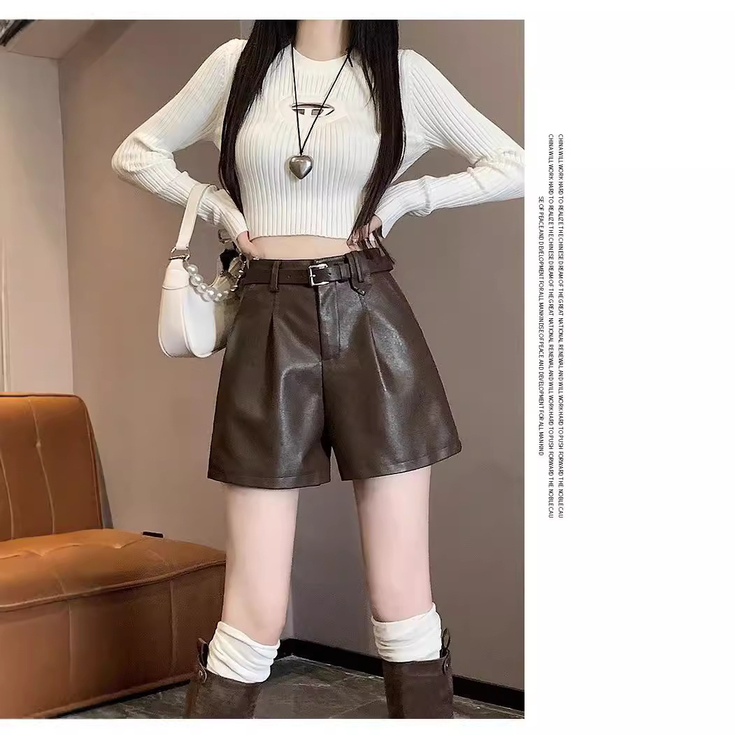 PU Leather High Waist Shorts Women's Autumn and Winter 2024 New Wide Leg A- Shaped Casual Slimming Black Loose Base Boots Pants