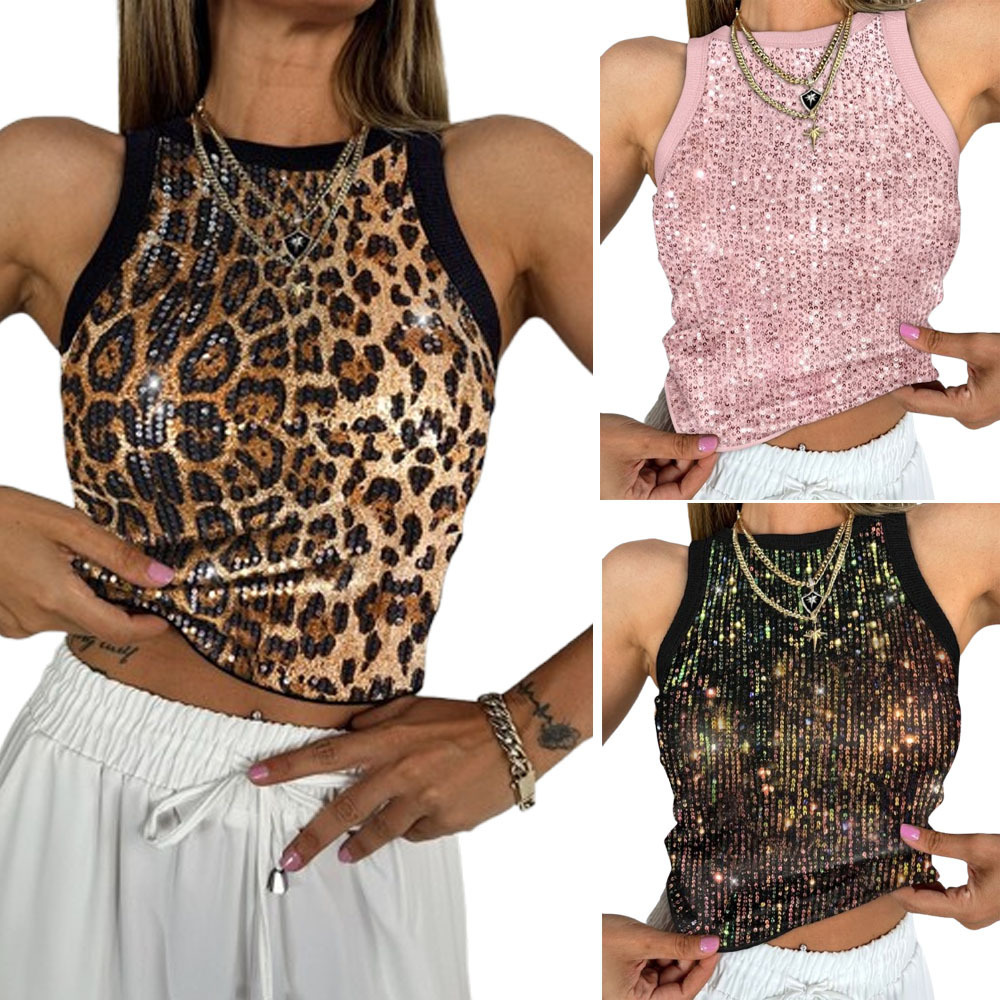 Amazon European and American New Sequin Vest Women's Sexy Round Neck Base Inner Wearing Top