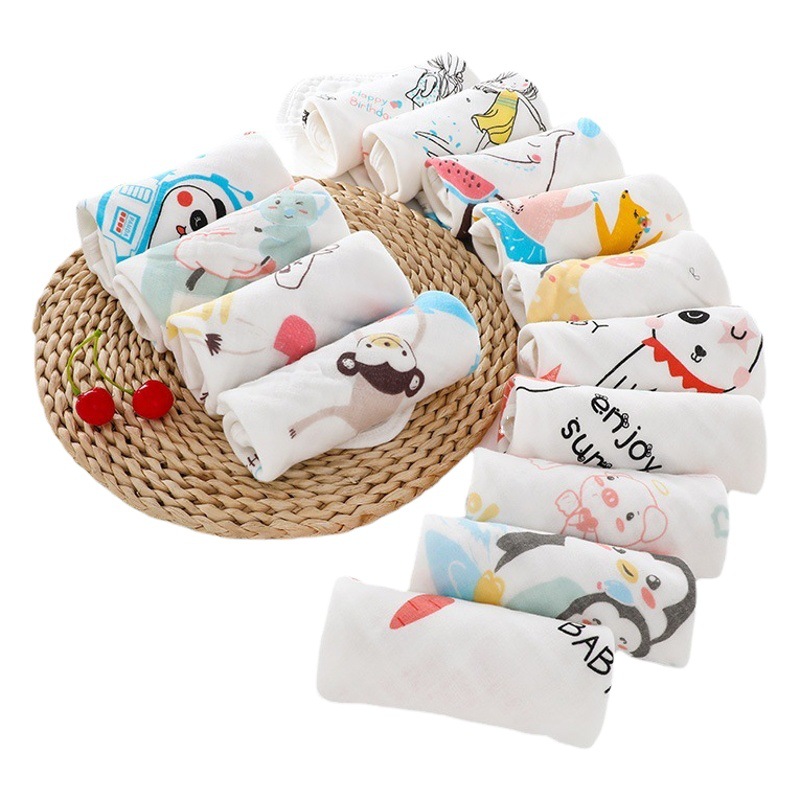 Wholesale six-layer gauze cartoon saliva towel baby children cute printed small towel hook cotton soft square towel