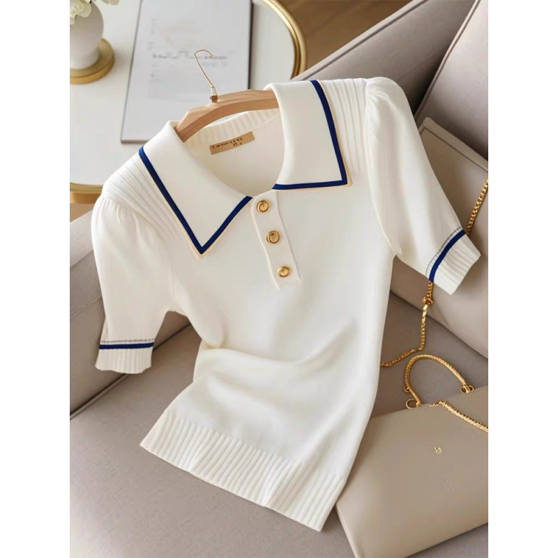 Korean Style Short-Sleeved Shirt for Women 2025 Summer New Collar Knitwear High-End Niche Top