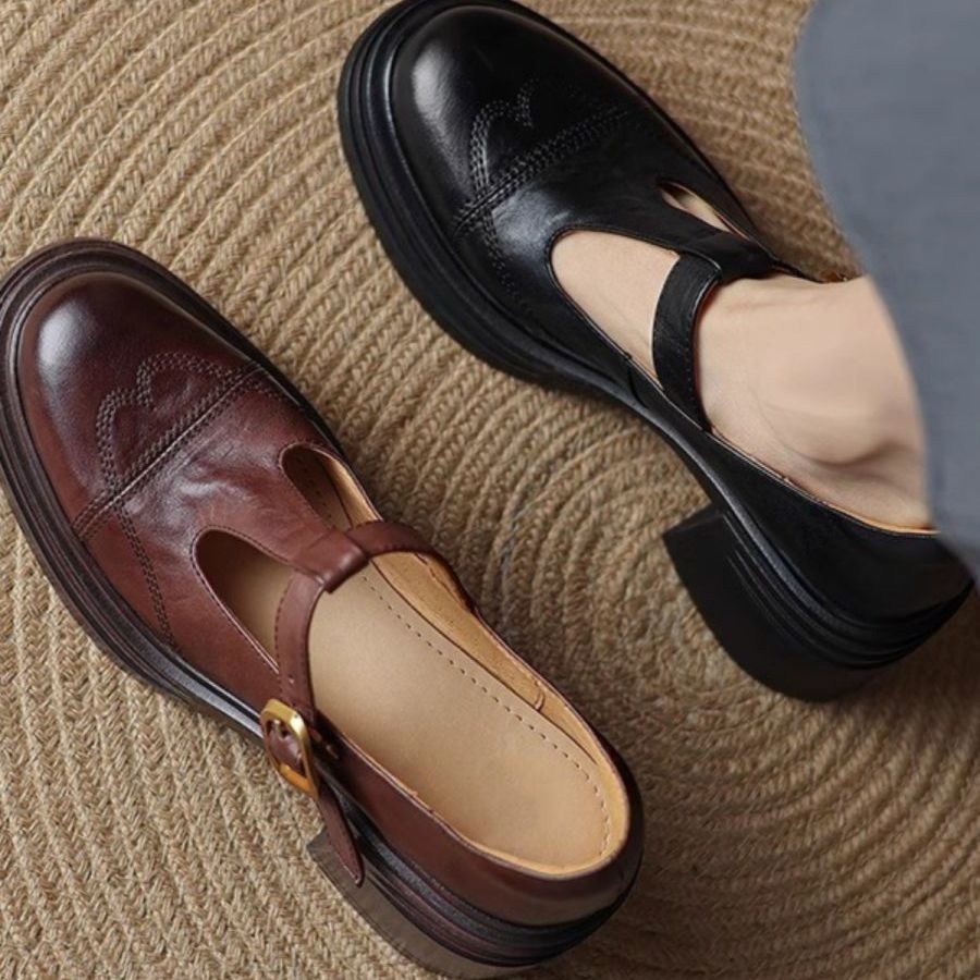 2025 Spring and Autumn New Retro Style T-Shaped Buckle High Heel Shoes Women's Thick Heel Thick Sole Fashion Mary Jane Shoes Small Leather Shoes