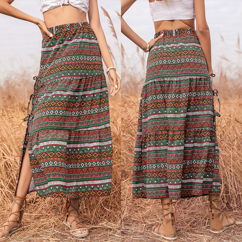 Amazon Independent Station Cross-border Foreign Trade Women's Clothing European and American Ethnic Style Half-length Skirt Printed Split A- Line Skirt Women