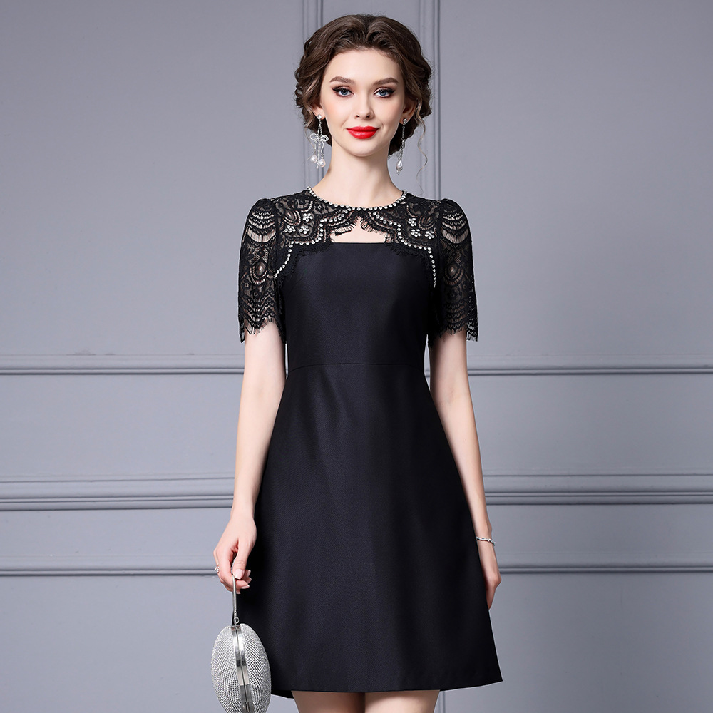 Picture of Zhili noble and elegant temperament dress heavy industry nail drill lace stitching short sleeve high waist A- line skirt summer women